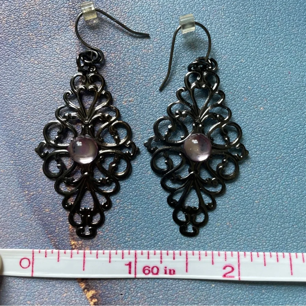 Pewter Filigree Boho Drop Earrings Pink Purple Stone Accent Y2K Dainty‎ Jewelry